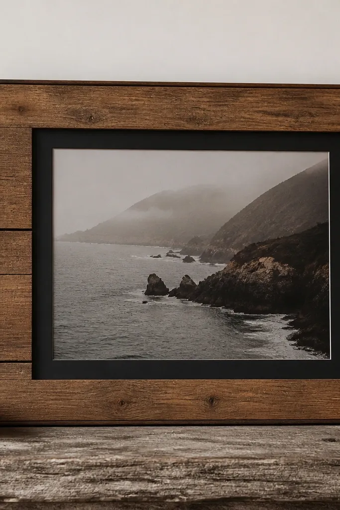 A horizontal photo frame with slightly uneven reclaimed wood slats, stained in warm oak tones. The photo sits behind a dark, nearly black acrylic sheet. The border looks slim and the photo is centered with a crisp gap.