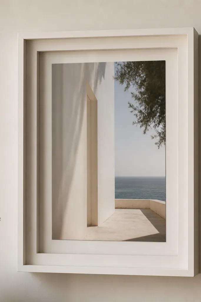 A minimalist off-white frame with a deep inset. The border is made from layered cardboard, with a clean stepped profile. A photo sits behind a sheet of clear plastic, and the depth makes it look like a shadowbox.