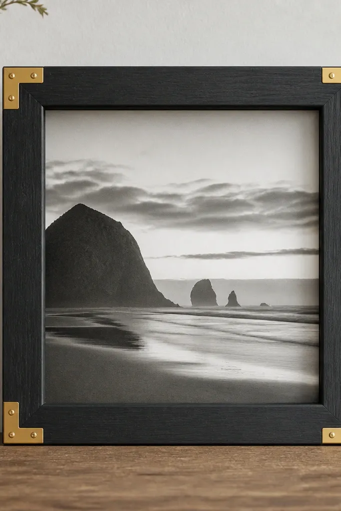 A square photo frame with matte black wood strips. Brass corner brackets show at each corner, polished and clean. The photo is centered and held behind a thin backing board.