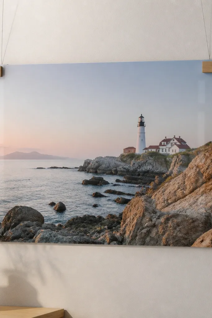 A clear acrylic rectangle holding a photo, suspended with thin picture wire. Two small wood spacers sit at the top corners behind the acrylic. The front looks flat and modern, with no visible frame thickness.
