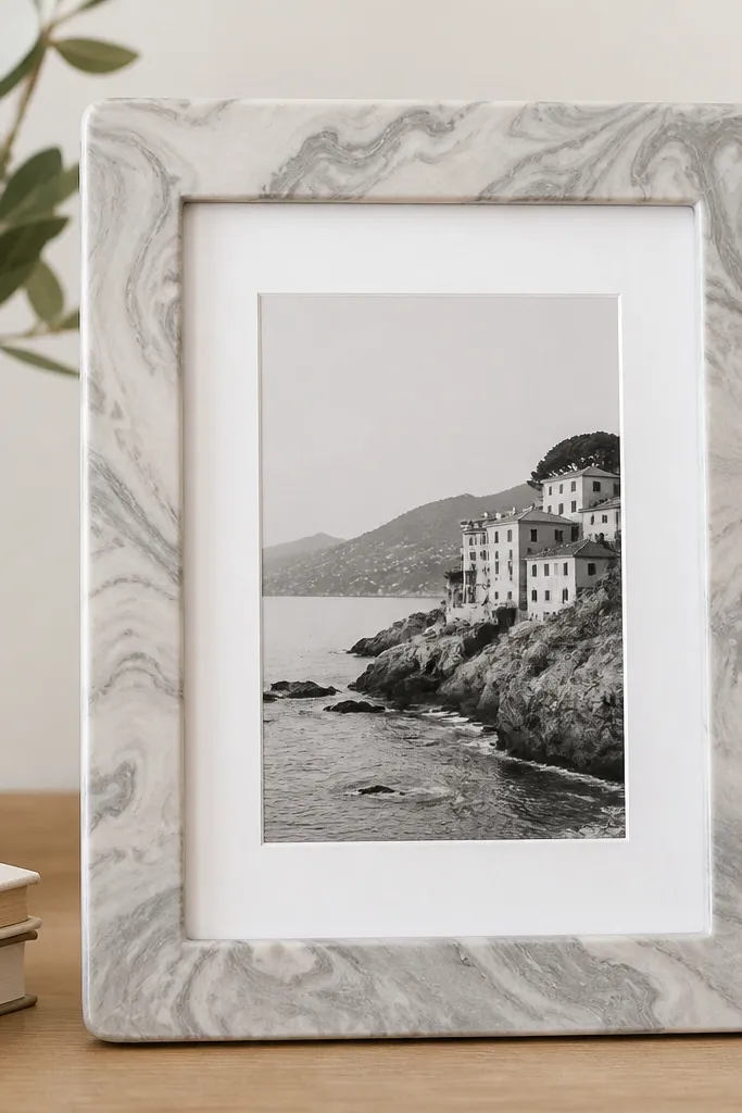 A wooden picture frame outline covered in marbled contact paper in soft gray and white swirls. The inside is a simple white mat with a black-and-white photo. The corners are smooth and the contact paper edges are trimmed cleanly.