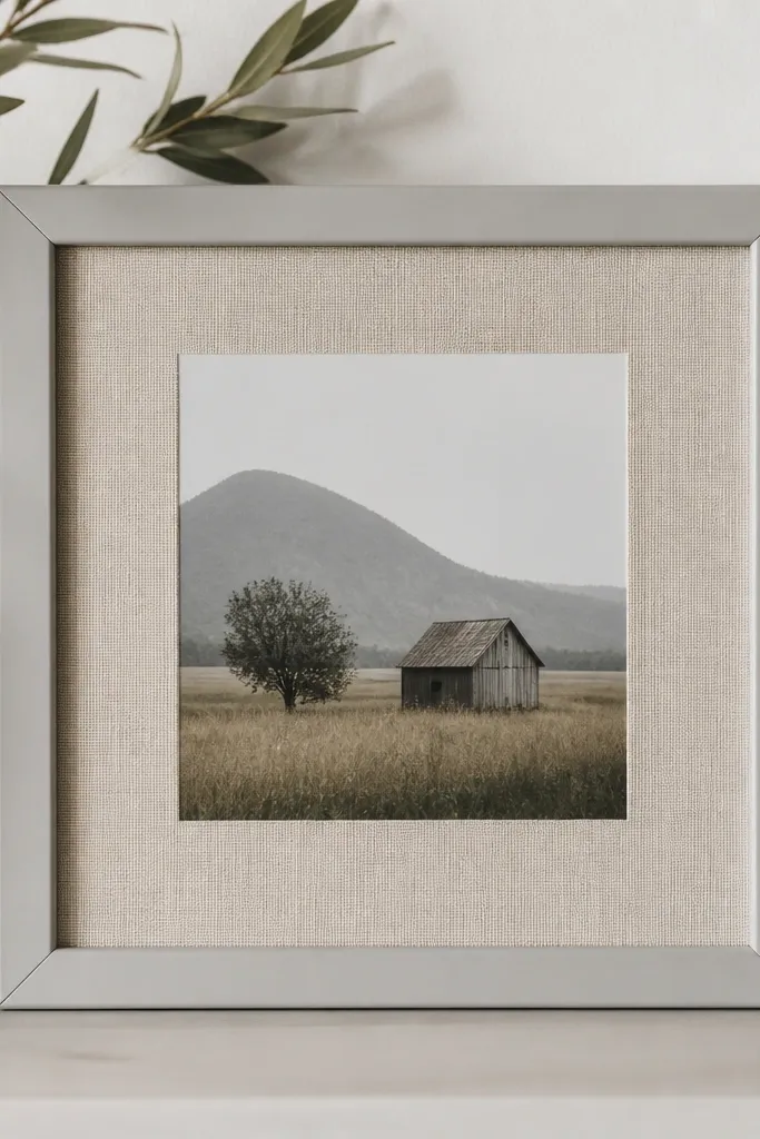 A small square frame made from mitered trim pieces, painted soft warm gray. Inside, there's a linen backing that fills the border area, with the photo centered. The corners are sharp and the edges look sanded smooth.