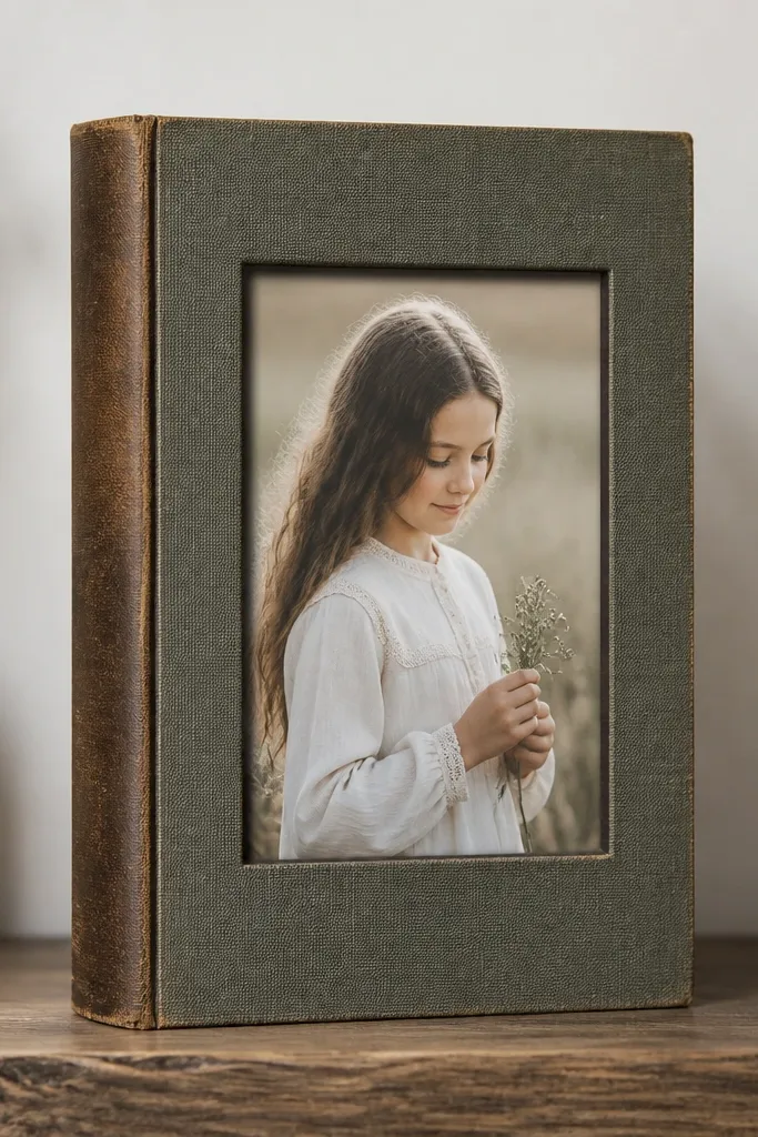 A vertical frame made from the spine and cover of an old hardcover book. The front has a clean rectangular window cut into the cover, revealing a photo insert. The edges are dark and neat, with a simple backing and no glass.