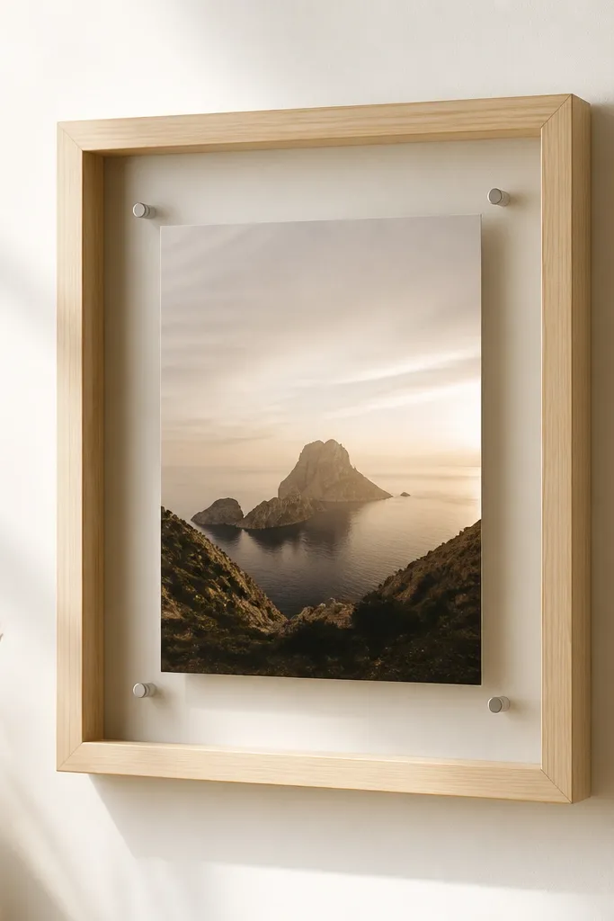 A thicker wooden frame in natural pine with light sanding. The photo floats inside, separated from the backing by clear standoffs. The front looks modern because the photo has space around it and the wood finish is matte.