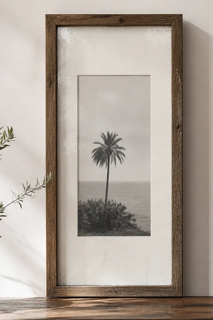 A tall photo frame using a piece of old window glass with slight imperfections. Reclaimed wood rails form a simple rectangle around it. The photo sits behind the glass with a pale mat, and the whole thing looks airy and modern.
