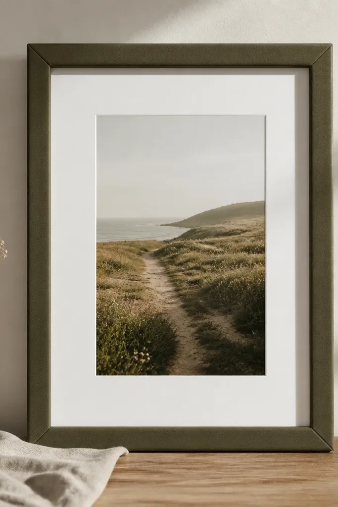 A frame where the border is wrapped in smooth fabric in muted olive. The mat is plain white, and the photo is centered. The corners are folded neatly and appear tight, with no fraying.
