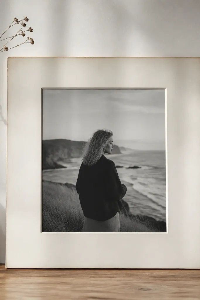 A minimalist frame made from a repurposed vinyl record sleeve. The border is a clean rectangle in off-white with printed text kept minimal. A black-and-white photo sits in the center, held by a clear plastic cover.