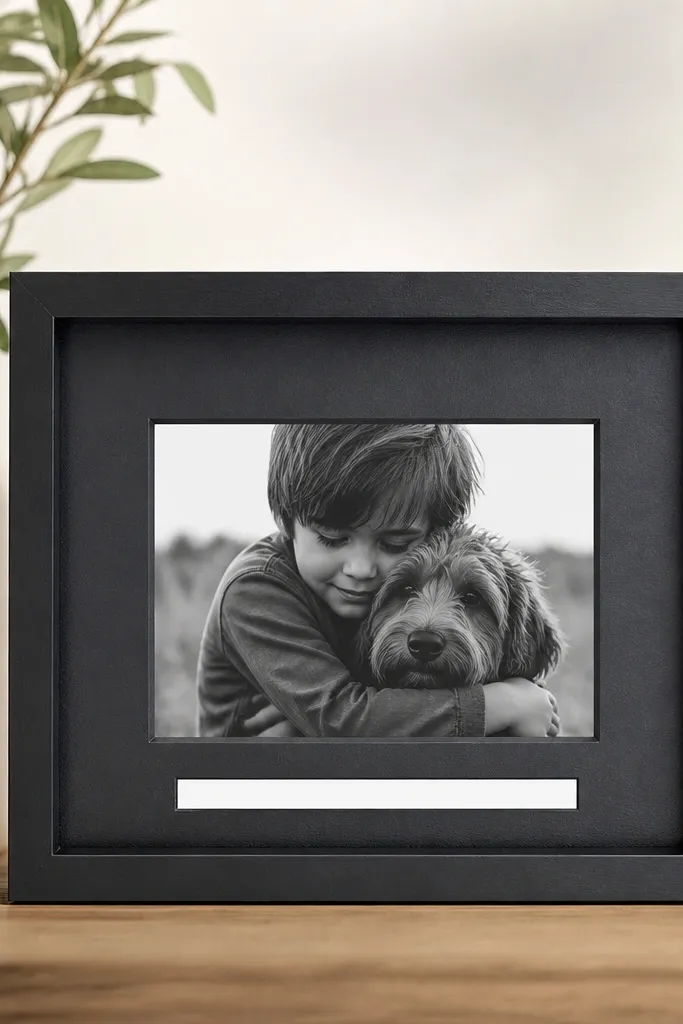 A small wooden frame painted matte black with chalkboard paint. The photo sits in a centered opening, and there's a thin white label strip at the bottom inside the frame. The overall look is clean and modern.