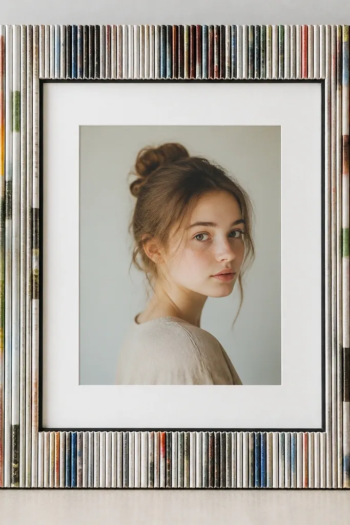A frame made by stacking folded magazine pages into a border. The front is flat and the border edges are crisp. A thin black line separates the photo mat from the border, and the photo is centered.