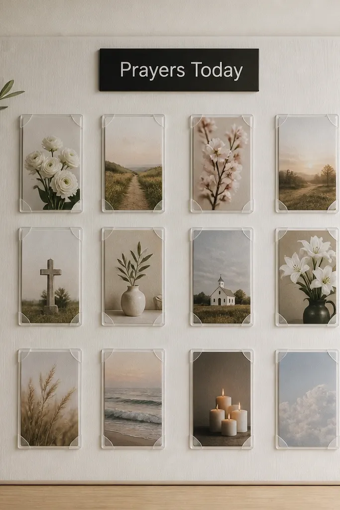 A white painted wood panel with a matte finish. Prayer cards sit in neat rows held by clear removable corners at each corner. A single black label at the top reads "Prayers Today" in a simple sans font.
