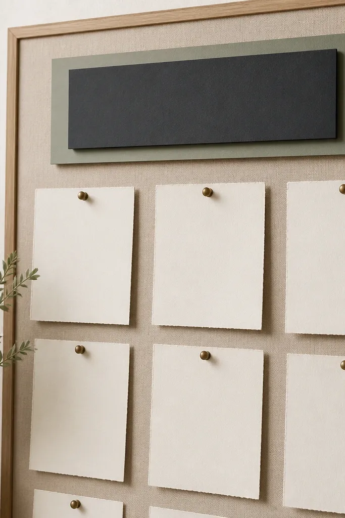 At the top of a prayer board, there's a layered quote header: a sage rectangle behind a smaller charcoal rectangle. The rectangles are slightly offset with crisp shadows from foam tape. Below are pinned prayer cards in off-white paper with charcoal text.