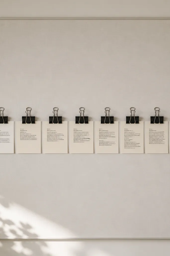 A long horizontal strip across the middle of a board made of black binder clips. Between the clips are small off-white cards with typed text. The rest of the board is mostly blank, with a tiny icon in the top-left corner.