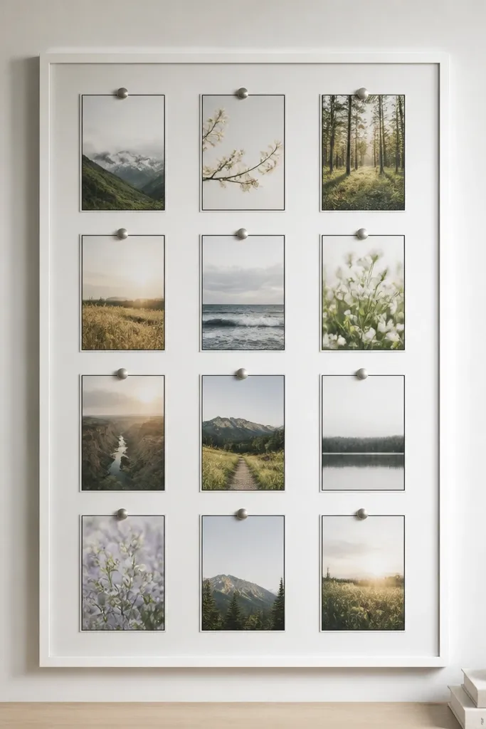 A thin metal sheet board with a clean white frame. Small magnetic frames hold monthly prayer cards. Each card has a thin black border and sits aligned in a 3x4 grid.