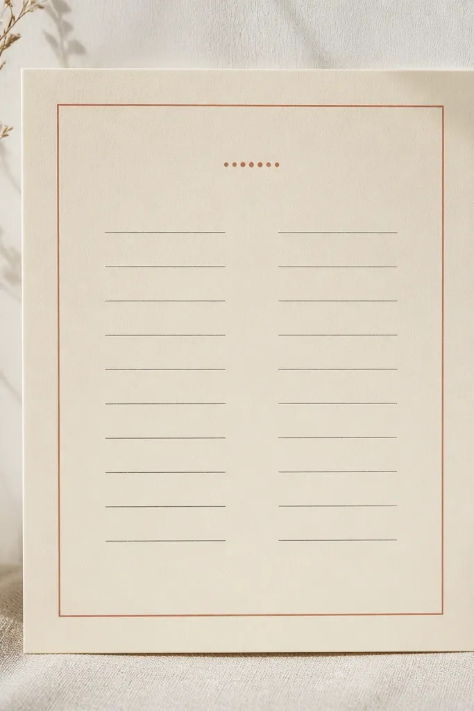 A cream board with a thin terracotta rectangular border drawn with a printed frame. Inside, a single prayer list uses charcoal text in two short columns. There are no extra icons except a small dot pattern at the top.
