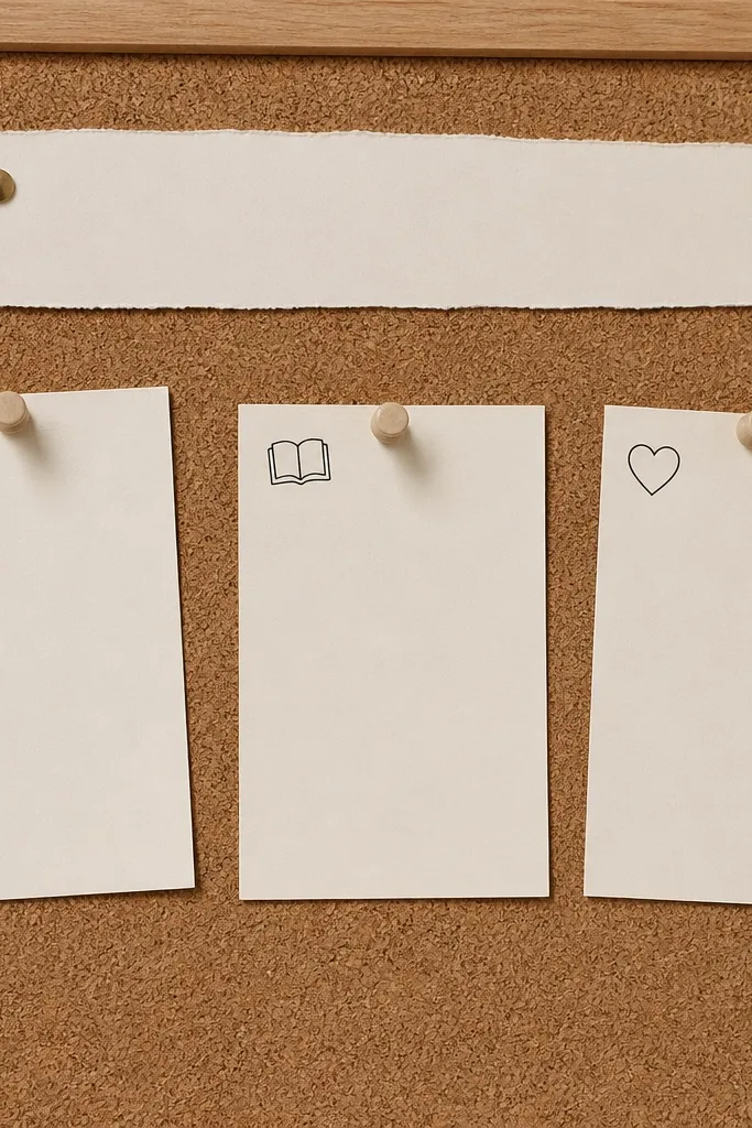 Off-white prayer cards pinned to a cork board, each with a small black line icon in the top corner. Icons include a cross, open book, and heart, all in the same line style. Background is mostly blank cork with a single title strip at the top in black.
