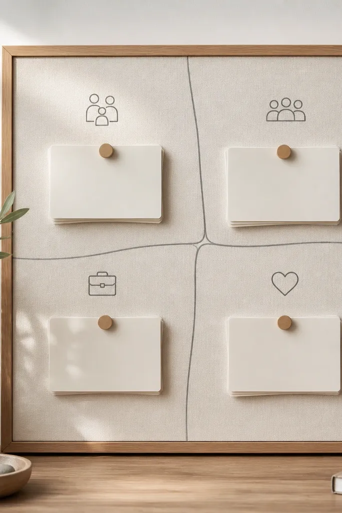 A prayer board with thin grey lines forming four zones like a simple map. Each zone has a short heading: Family, Community, Work, Gratitude. Prayer cards are placed inside each zone in neat stacks.