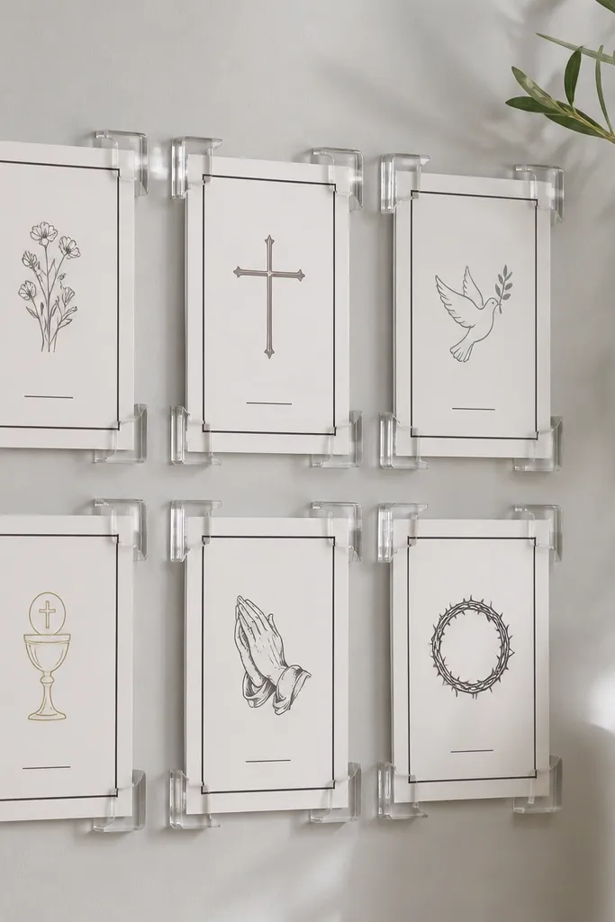 Transparent acrylic corner mounts hold prayer cards so they look like they're floating. The board background is pale grey. Cards have a thin black border and a single short line of text.