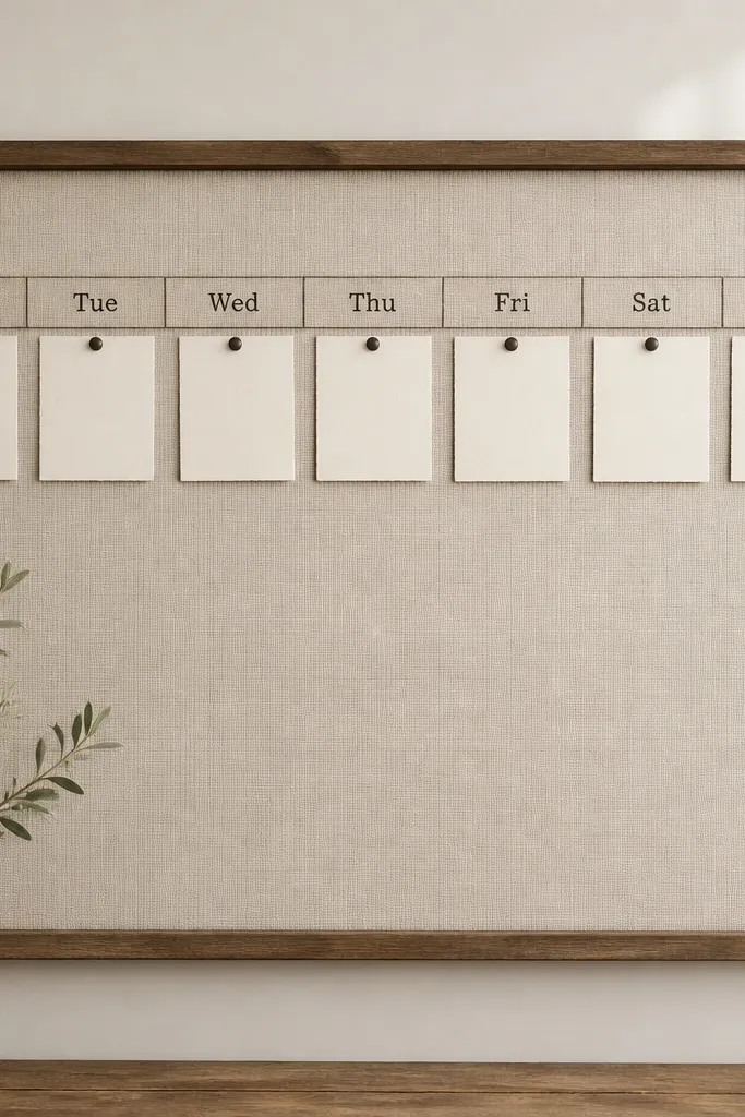 A prayer board with a horizontal timeline strip divided into seven small segments labeled Mon-Sun in charcoal. Each segment has a small off-white request card pinned underneath. The rest of the board is blank and clean.