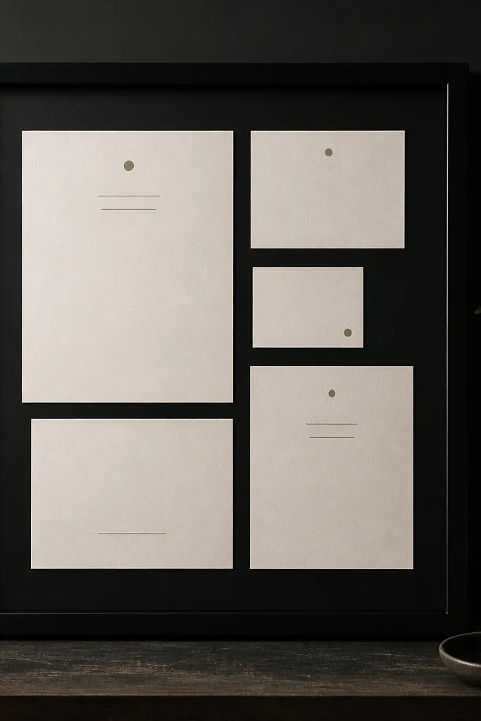 A matte black framed board with off-white cards arranged in a tidy cluster. Sage micro-accents appear as tiny dots or thin underline marks under headings. The background is smooth and dark, making the cards pop.