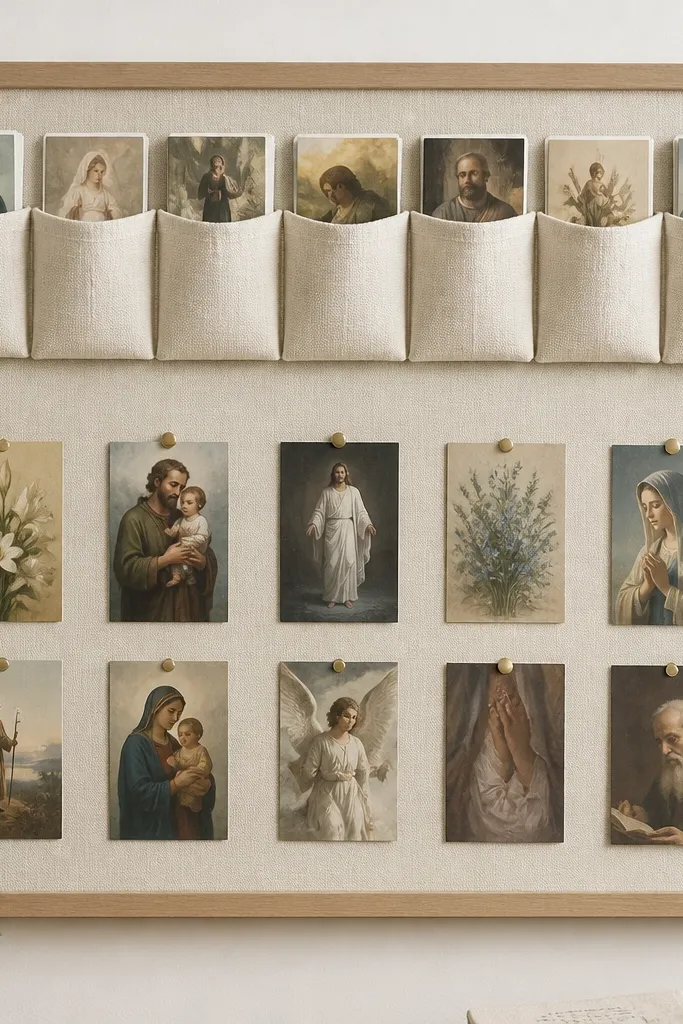 A cork or painted board with a row of small fabric pockets across the top. The fabric is a light neutral woven texture. Inside each pocket is a folded prayer card. The lower half shows pinned cards in a simple grid.
