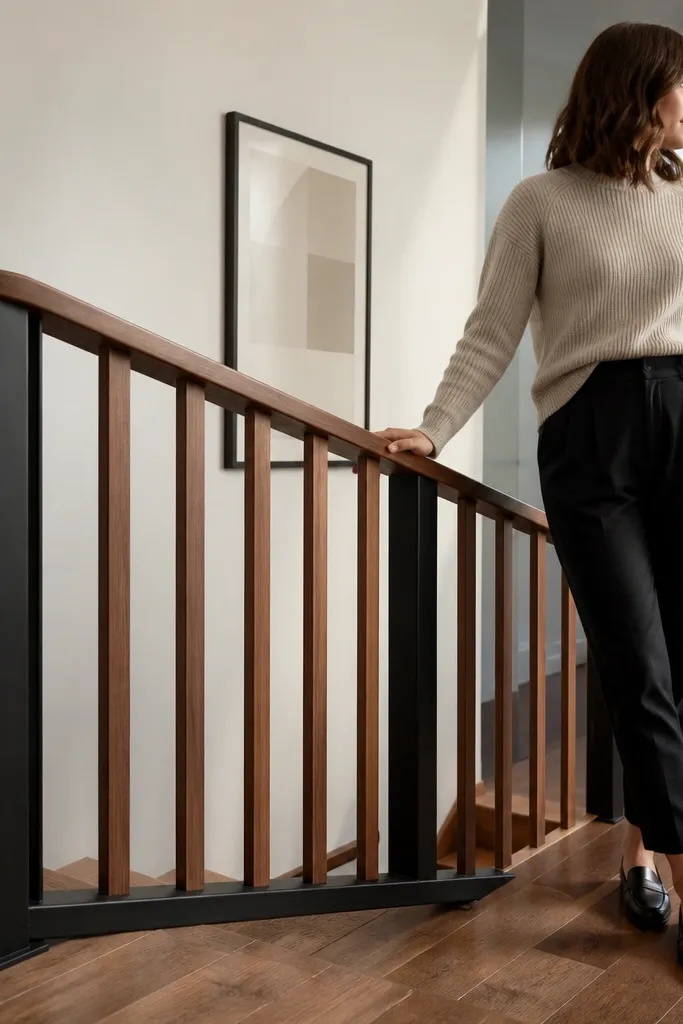 Matte black posts with a walnut handrail and four evenly spaced vertical wood slats