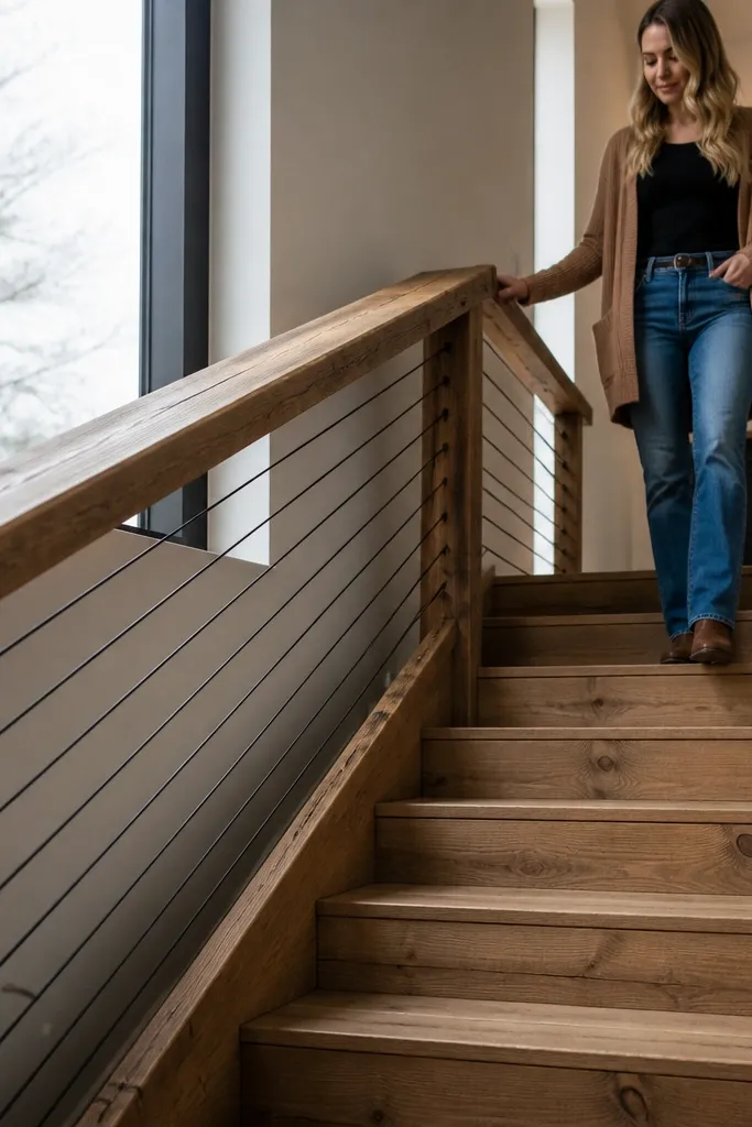 Reclaimed pine handrail with black cables and a single wood kick panel beneath