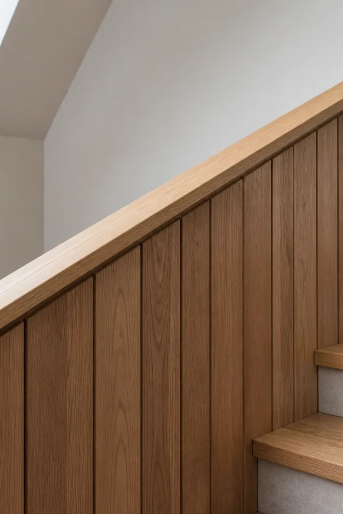 Light oak handrail with vertical cedar boards and no visible screws