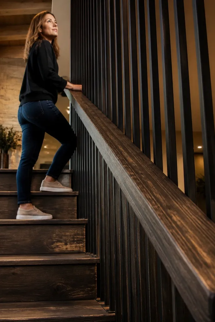 Charred wood handrail with matte black vertical slat screen