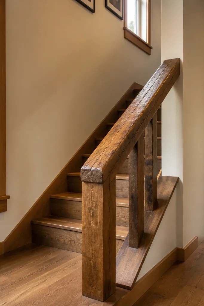 Thick reclaimed beam handrail with two simple wood balusters between posts
