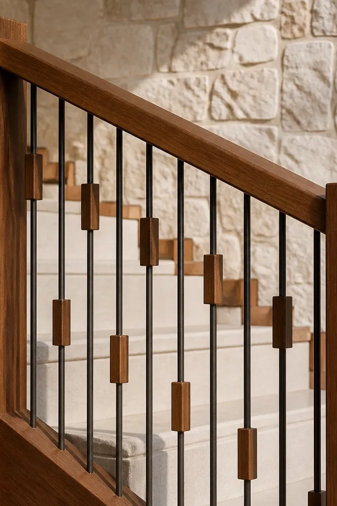 Walnut handrail with vertical cables and small wood spacer blocks