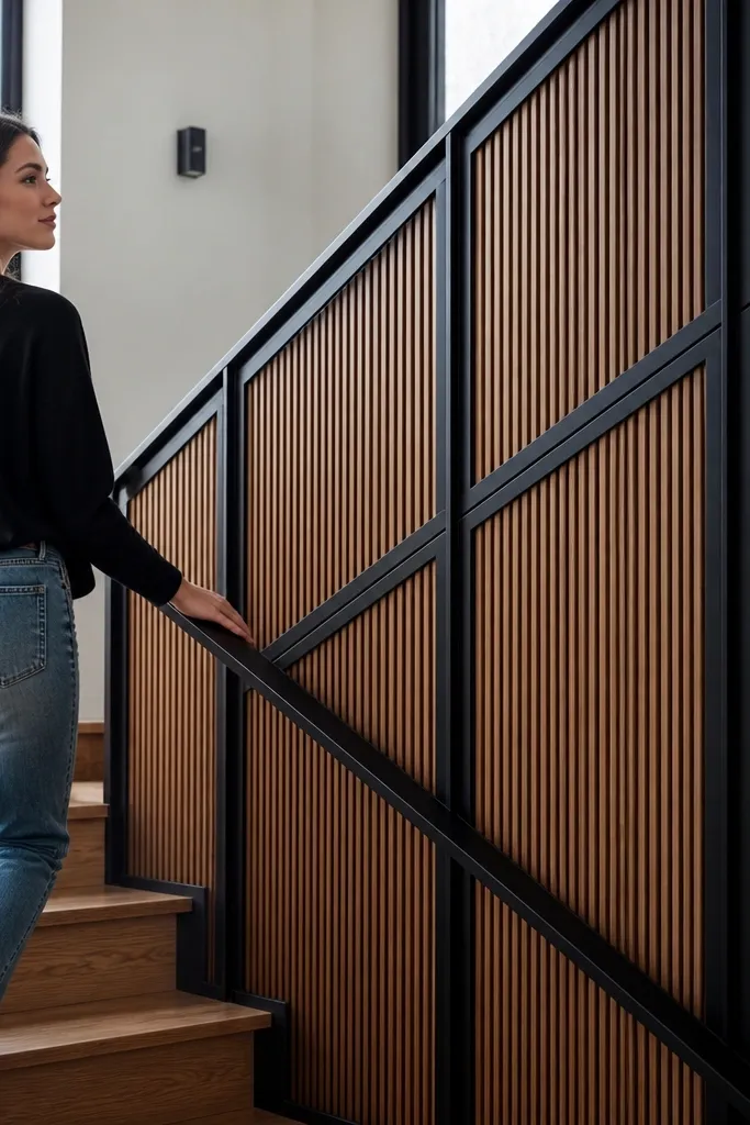 Matte black steel frame with warm wood slat panels in sections