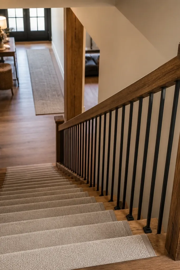 Reclaimed timber handrail with simple iron balusters, no scrolls