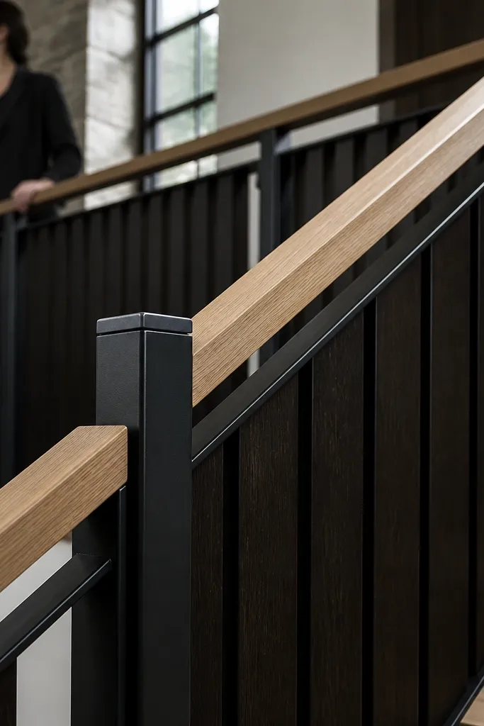 Light oak handrail with dark stained vertical boards and matte black posts