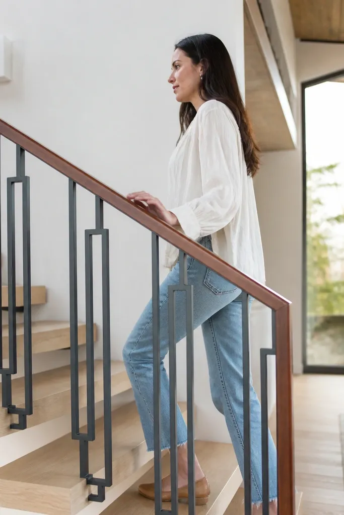 Stained cedar handrail with open channel steel baluster frame