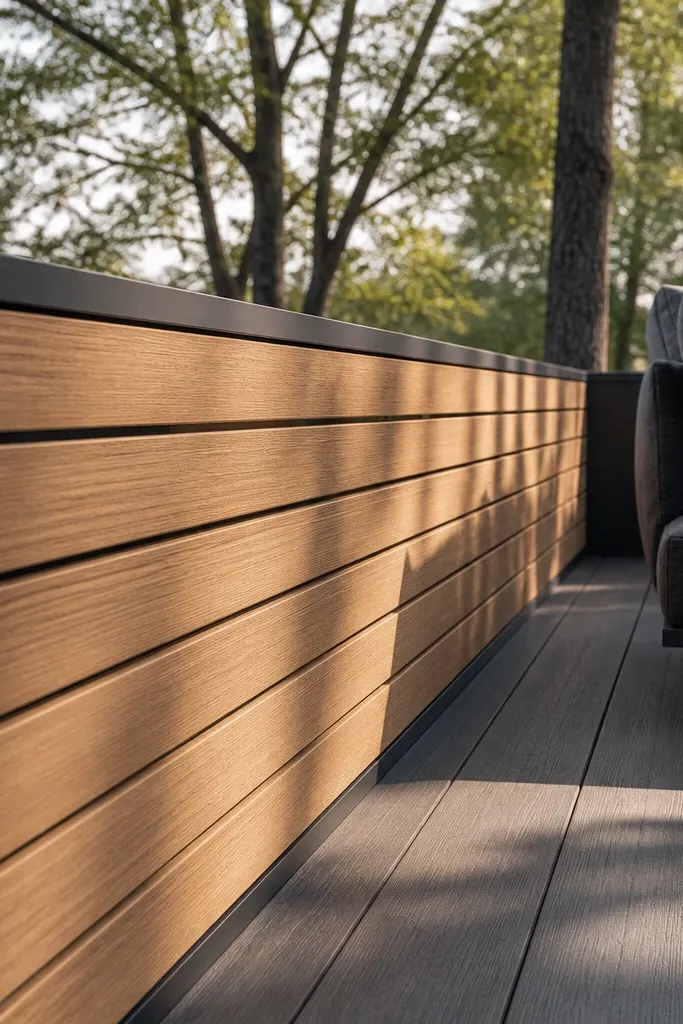 Horizontal wood slat railing with thin black metal edge caps