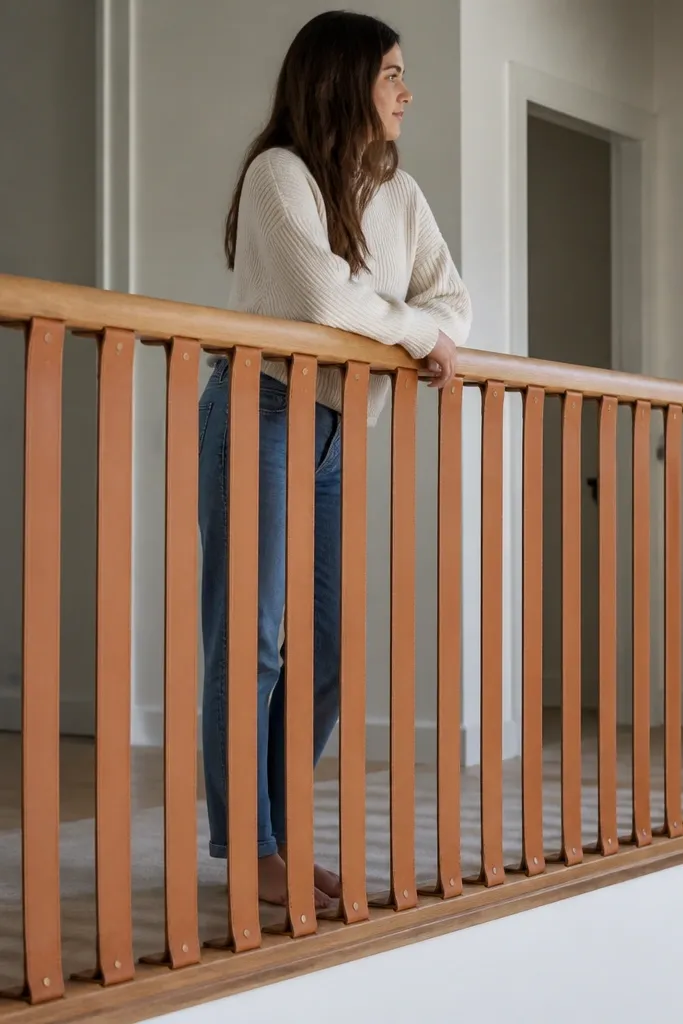 Natural oak handrail with stacked leather-style strap balusters in black