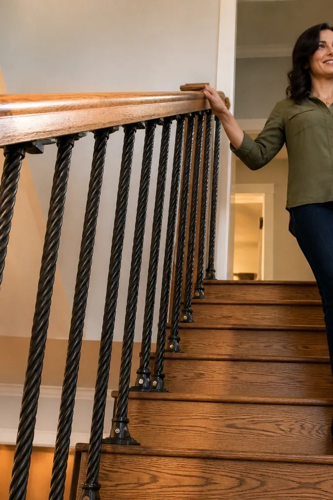 Hickory rail with rope-twist balusters and black metal brackets