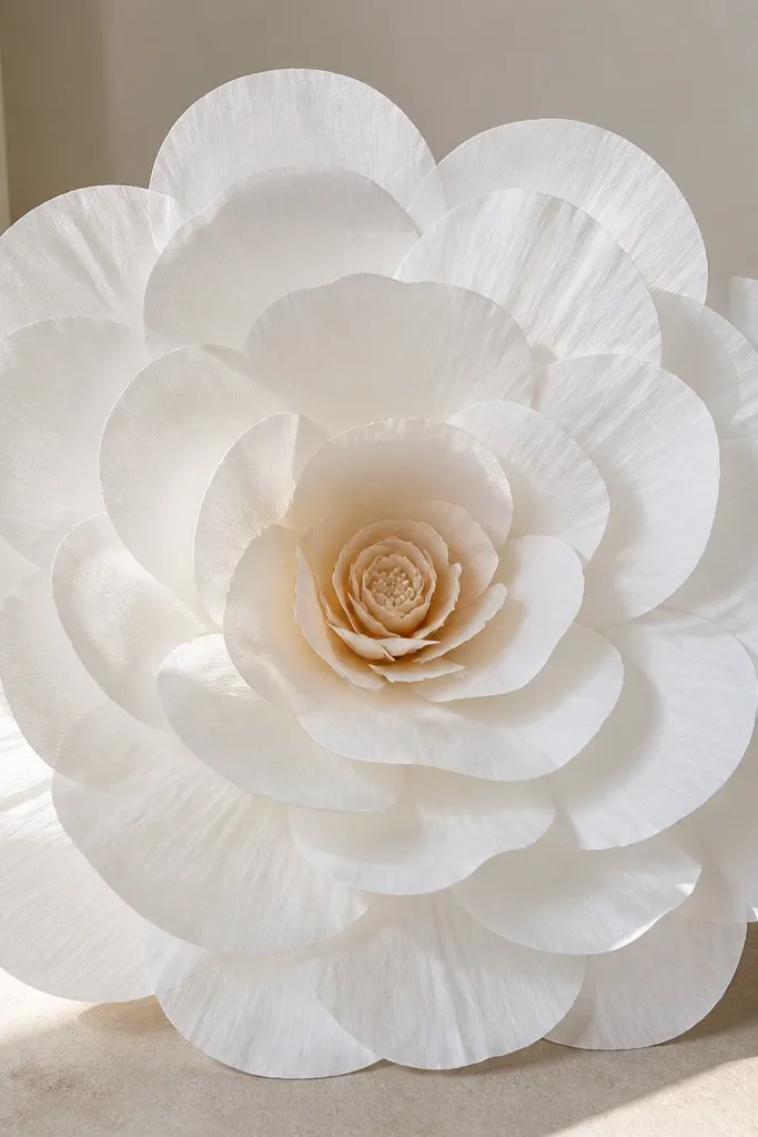 A giant tissue paper flower head in soft chalk white with smooth rounded petal tips, layered in three rings. The center is a tight almond-beige mini rosette with a slightly darker beige dot at the middle.