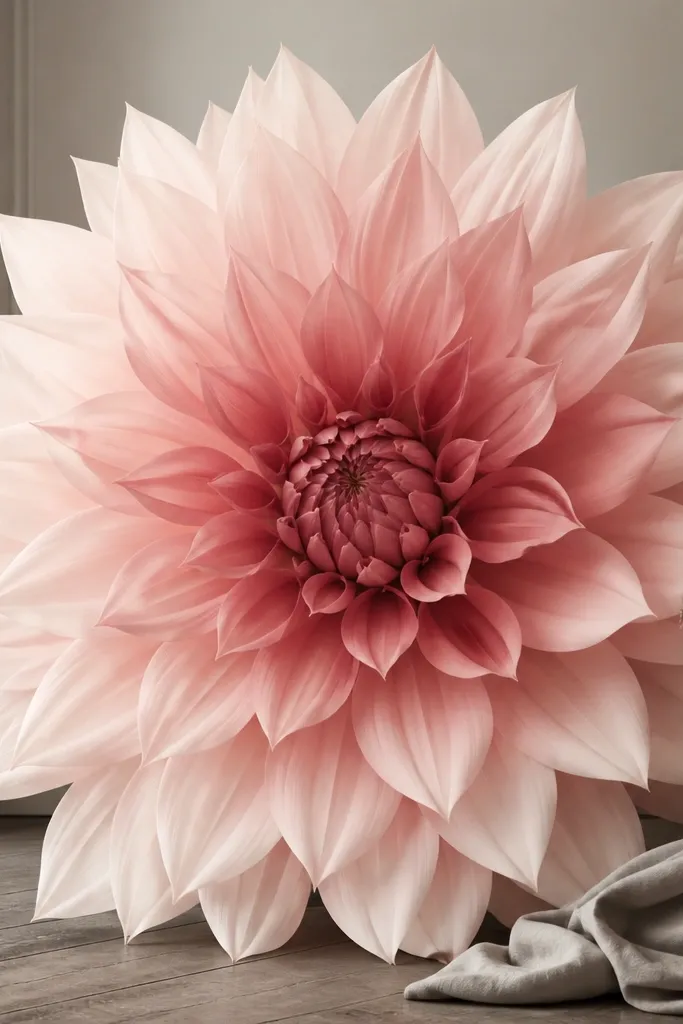 A giant flower with petals transitioning from pale blush at the outer ring to dusty rose toward the center. The petals have gentle point tips, and the center is a tight smoky-rose bud.