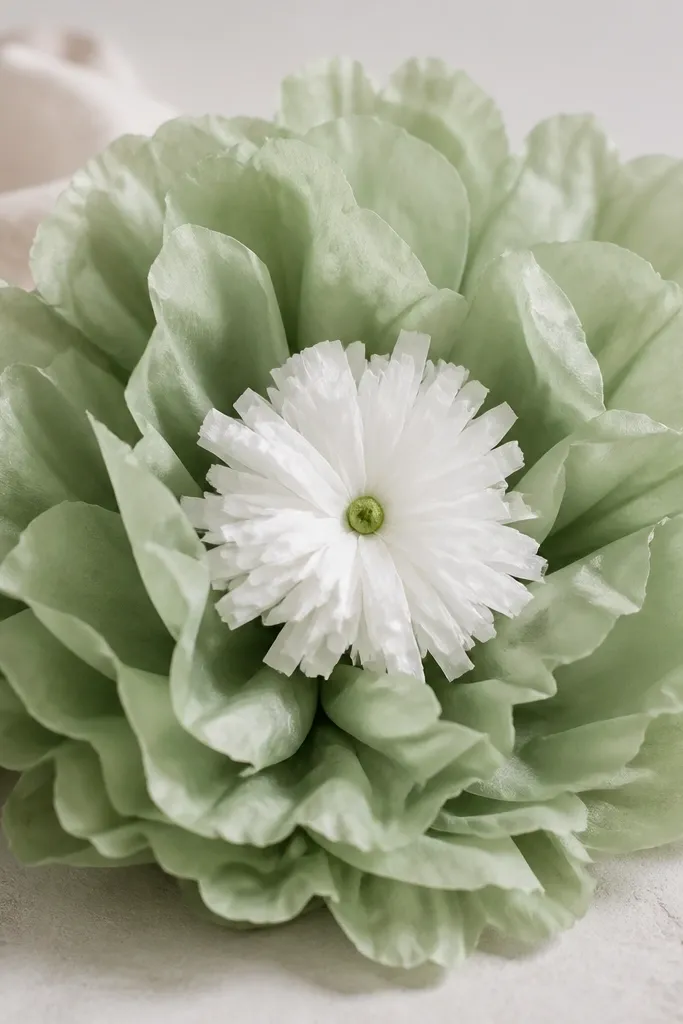 A large sage green tissue flower with crisp, slightly wavy petal edges. The center is bright white with a tiny green dot at the very middle.