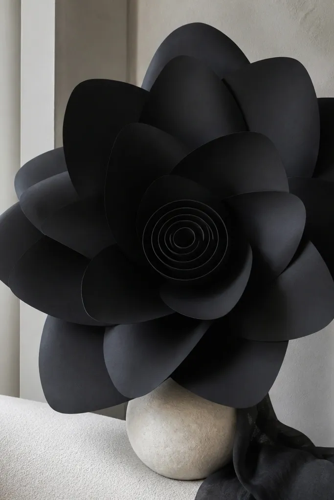 A huge matte black tissue flower with sharp rounded petals. The center is a matte black rolled coil, slightly smaller than the petal opening.
