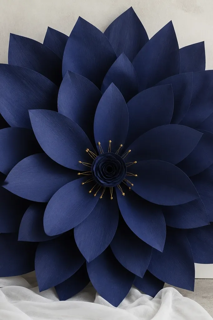 A giant navy tissue flower with neat pointed petals. The center shows a small navy rosette with visible gold thread stitches radiating outward like tiny spokes.