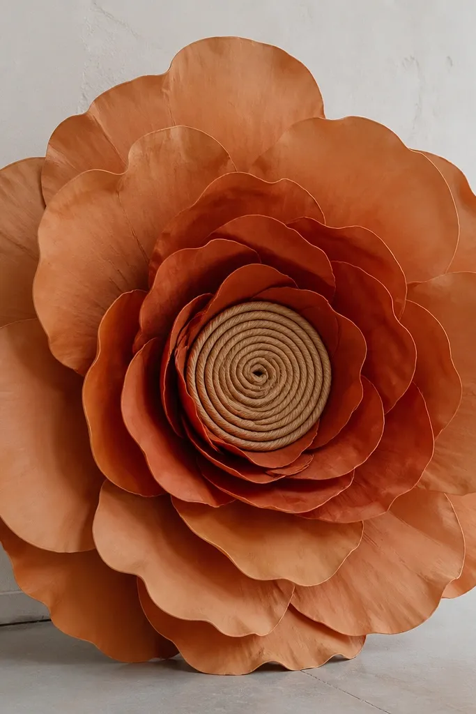 A giant flower with terracotta ombre petals from clay orange outer ring to burnt orange inner ring. The center looks like a twisted paper rope wrapped into a tight coil.