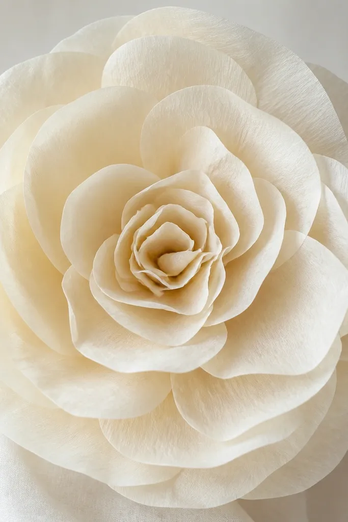 A large cream tissue flower with layered, slightly overlapping petals that curve inward. The center is a small cream rosette with soft folds.