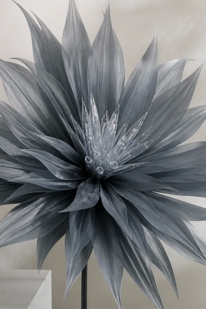 A giant cool gray flower with narrow pointed petals. The center has a clear acrylic-like spike shape made from rolled clear plastic or cellophane.