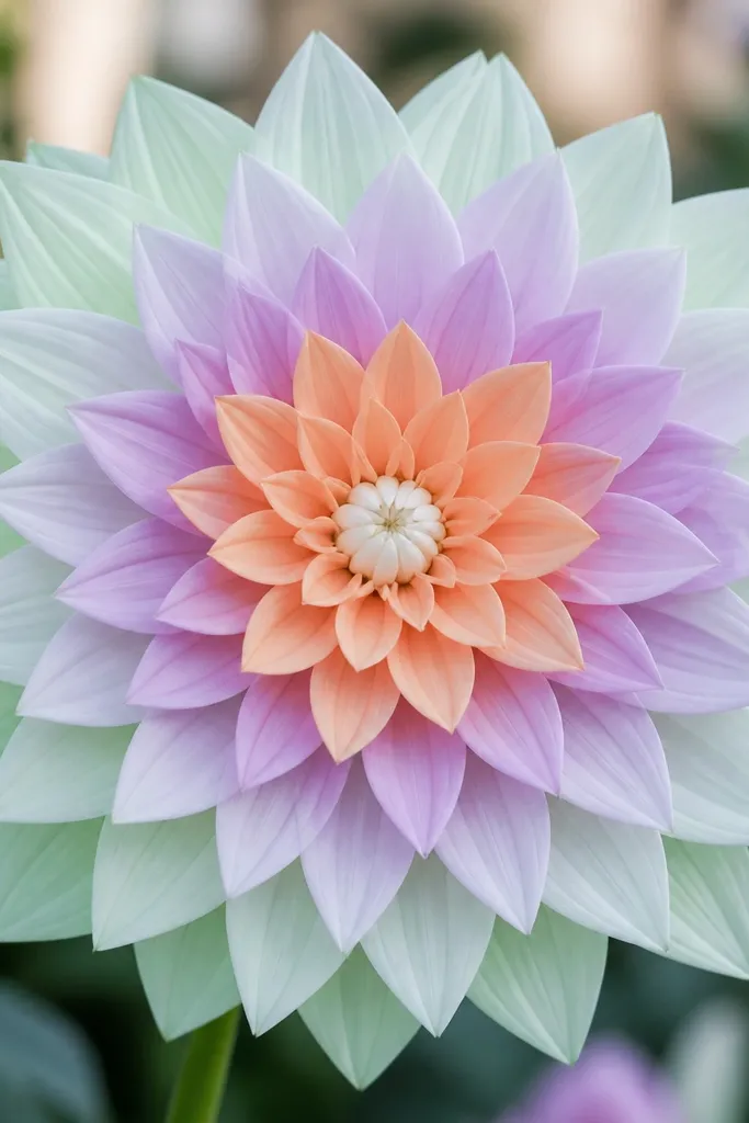 A large flower with three distinct rings: outer ring in pale mint, middle in light lavender, inner in pale peach. Each ring has evenly spaced pointed petals, with a small white center.