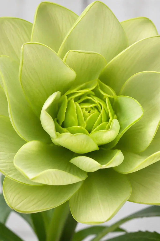 A giant apple-green flower where the petal edges show a thin lime trim line. The center is lime-green and tightly rolled.