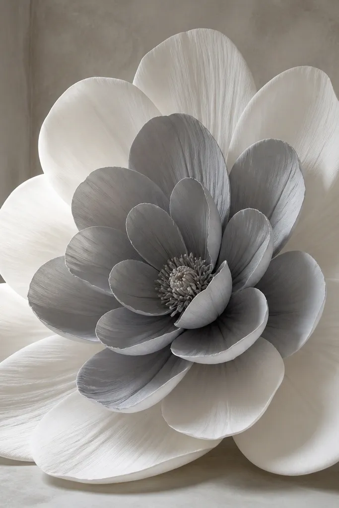 An oversized flower with outer petals in white and inner petals in smoke gray. Petals are wide with soft rounded ends, layered in a clean two-layer structure.