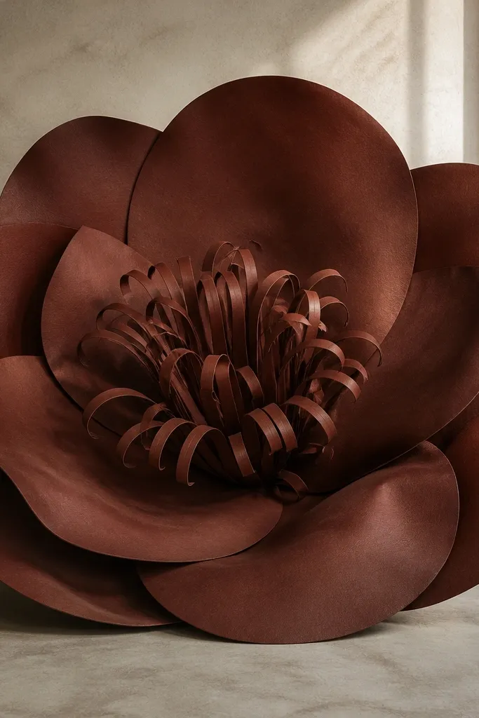 A giant rosewood-brown flower with rounded petals. The center is a tuft made from thin curled paper strips that fan upward like feathers.
