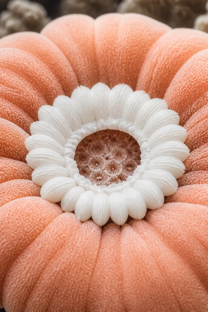 A giant coral tissue flower with rounded petals. The center is a white rosette that has a cutout donut-like opening so you can see the inner base.